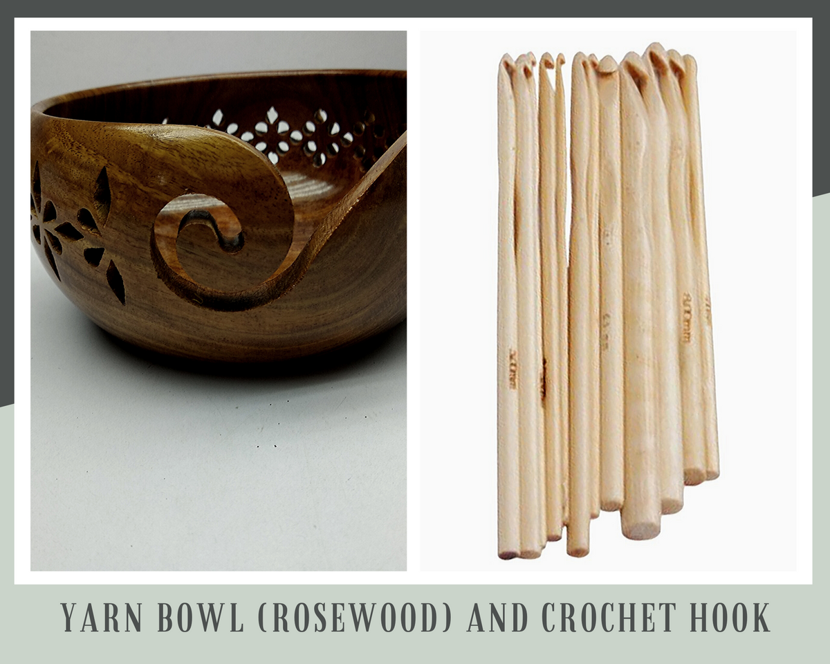 Ravel Large Wooden Yarn Bowl Gift Set for Knitting Crochet with Two Different Size Hooks (1 x H-8 5mm, 1 x J-10 6mm), 7x4 Inches Handcrafted Rosewood