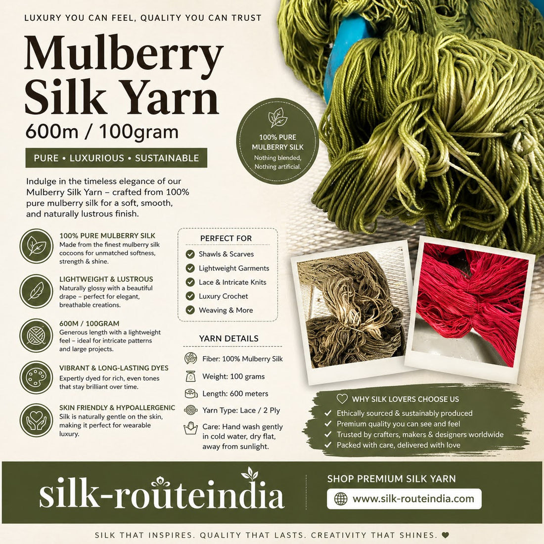Mulberry Silk Yarn 600M/100 Grm