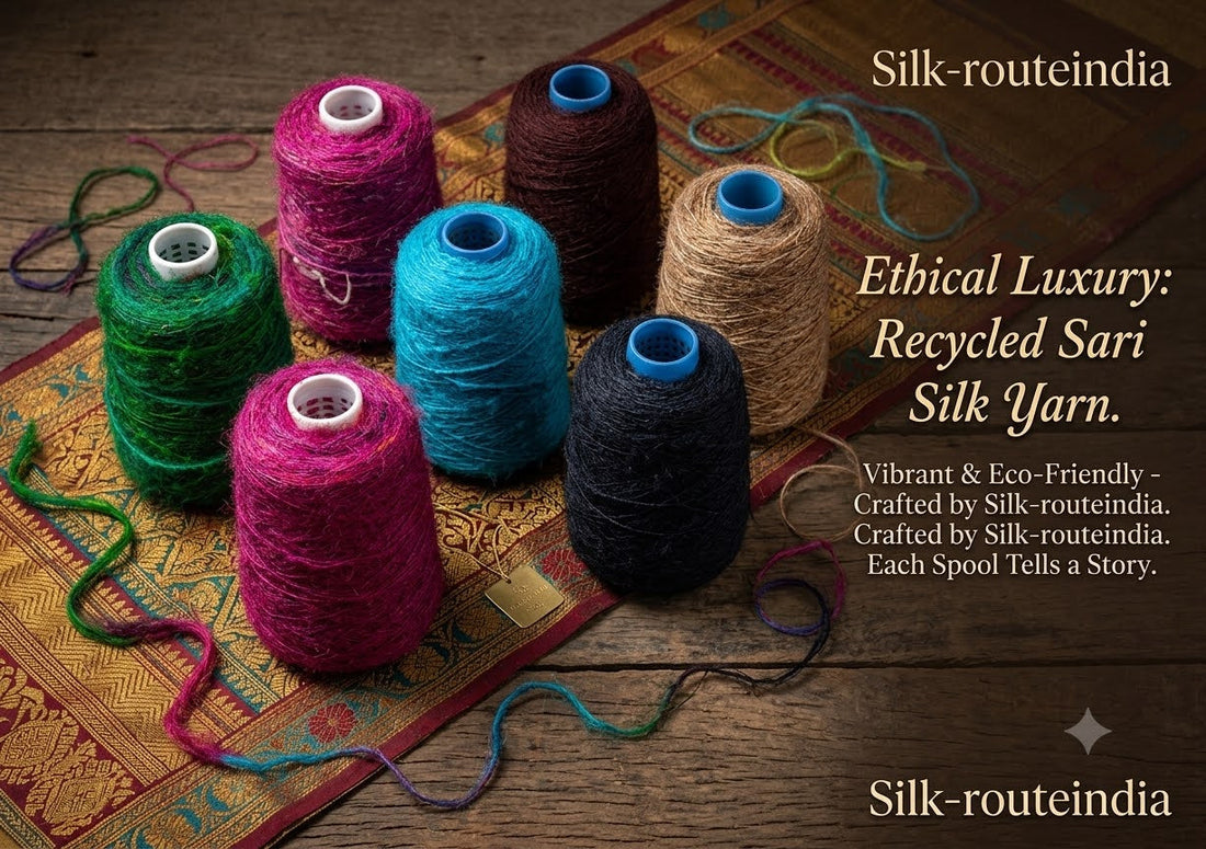recycled sari silk yarn prime, ecofriendly yarn India, boho chic knitting yarn, sustainable crochet supplies, handmade sari silk skeins, artisan yarn India, colorful sari silk yarn, upcycled sari fabric yarn, DIY boho craft yarn, zero waste sari yarn