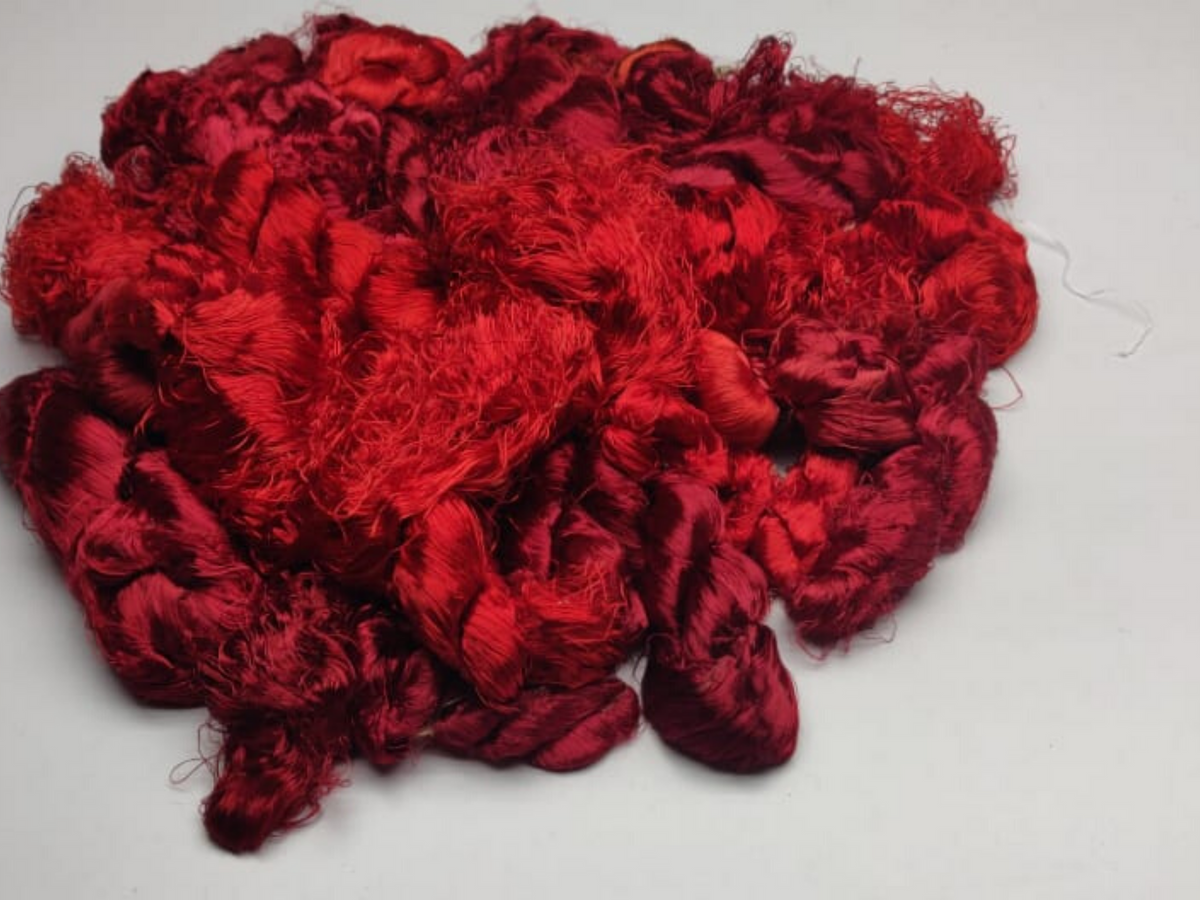 Banana viscose fiber in Hot Red, close-up of texture - silk-routeindia