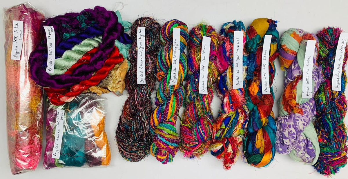 Recycled yarn ribbon and fiber sampler 3 - assorted craft materials