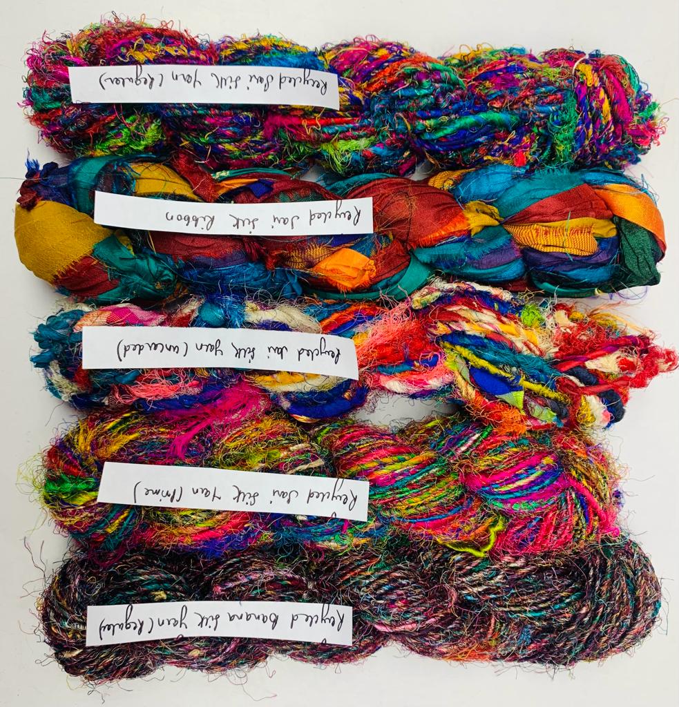 Recycled yarn ribbon and fiber sampler 4 - assorted craft materials