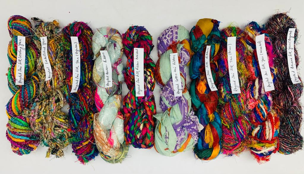 Recycled yarn ribbon and fiber sampler 5 - assorted craft materials