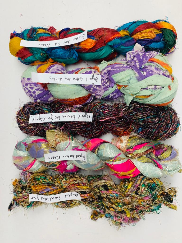 Recycled yarn ribbon and fiber sampler 6 - assorted craft materials