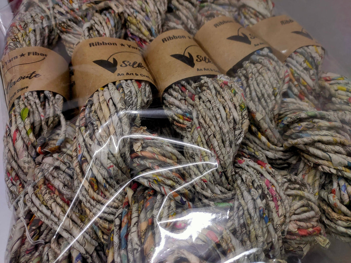 Handspun newspaper yarn, close-up of texture - silk-routeindia