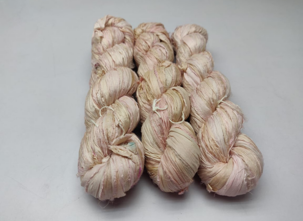 Recycled sari silk ribbon in Soft Amber for weaving and macrame - silk-routeindia