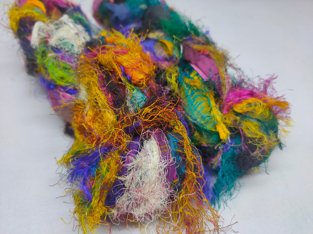 Recycled Sari Silk Ribbon Multicolor - Eye Lash, Sari Silk Ribbon Yarn