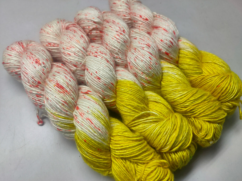 Mulberry Yarn Short Fiber - Sun Haze - SilkRouteIndia Mulberry Silk Yarn Short Fiber is a unique Silk Yarn ideal for Knitting. Mulberry Yarn is very soft and shiny. It is DK weight and is directly spun from the short fiber of Mulberry Silk Tops. It is a yarn of Natural Protein Fiber. Mulberry Yarn has compact structure, evenness, clean appearance, elegant luster, Good moisture-absorbing capability, good strength and elongation, with fine and soft fibers. It is Useful for Weaving and Knitting