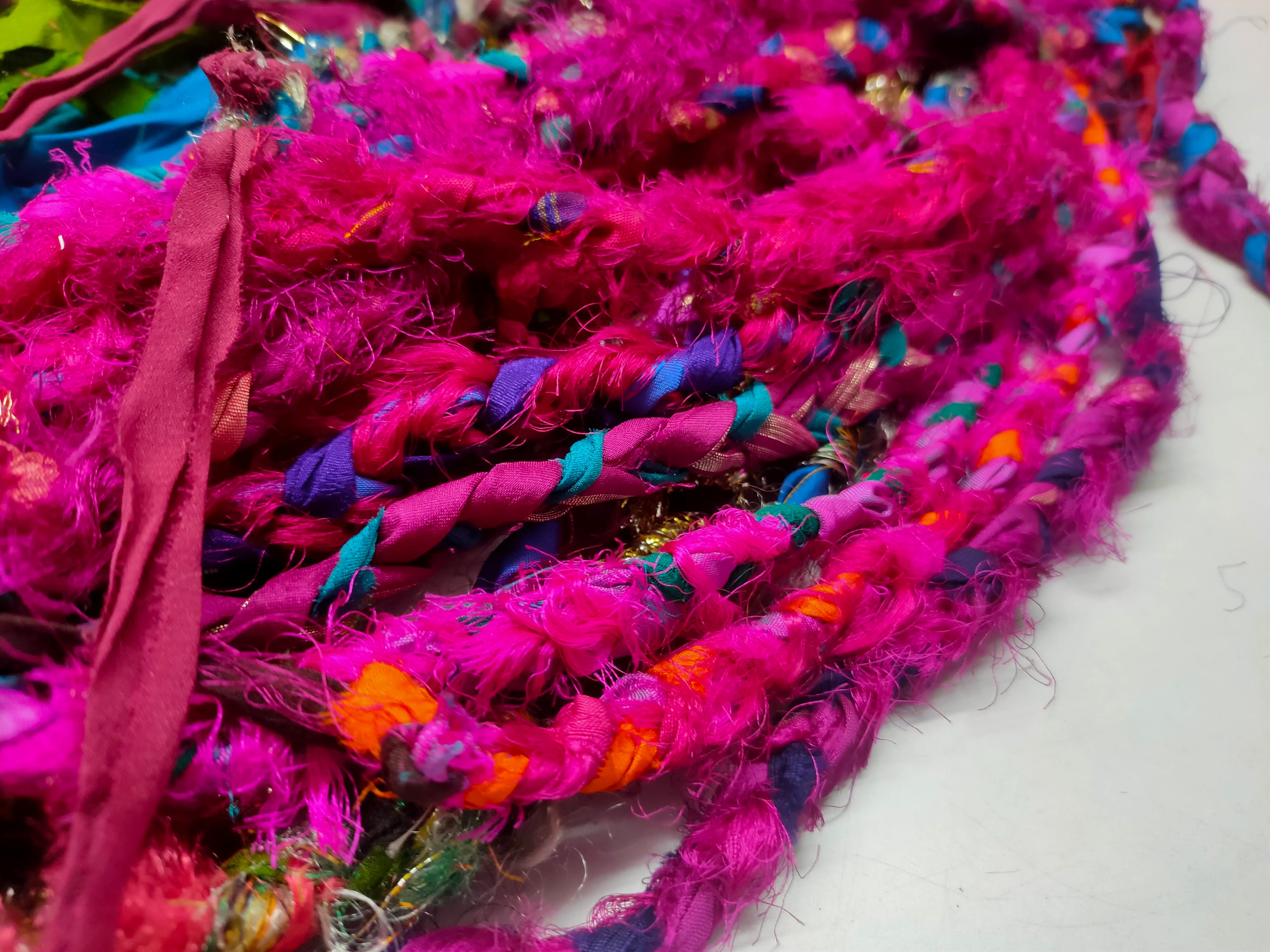 Recycled Yarn - Braided Lurex - SilkRouteIndia Recycled Sari SilK yarn, Recycled Sari Silk Ribbon, Recycled Sari yarn, Recycled Silk Ribbon,upcycled ribbon, upcycled yarn, Himalaya Silk Yarn, Recycle Sari silk,	Recycle Silk,	Yarn for Knitting,	Knitting Yarn,	Crochet Yarn,	handcrafted yarn,	recycle sari yarn,	Sari Silk Yarn, reused ribbon, recycled ribbon