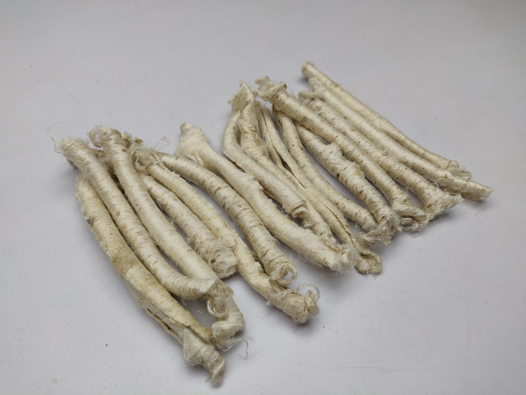 Mulberry Silk Carrier Rods - SilkRouteIndia - Carrier Rods are a waste product in the silk spinning industry. Perfect for surface texture during felting and can be dyed as per need. If you sprinkle it with water and iron them flat then you can create a sort of silk paper. Original pieces will be criss cross or slightly twisted. Use them in your felting, create unique and interesting jewelry, textural stitching and silk fusion. 